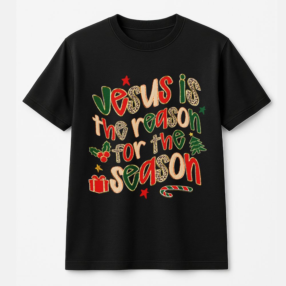 Leopard Print Christian Tee, Jesus Is the Reason for the Season Shirt, Religious Christmas Graphic T-Shirt, Faith Holiday Shi