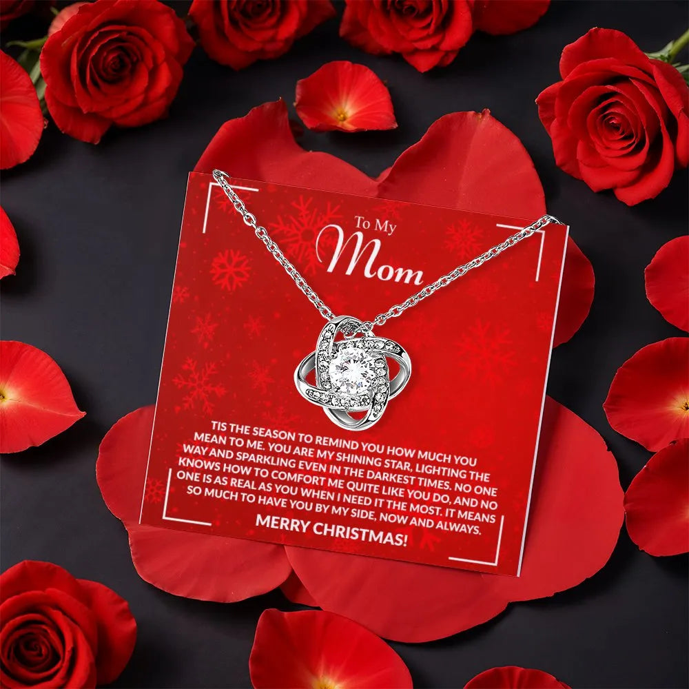 Rose Box Mom Necklace, Mom Love Knot Necklace, Sparkling CZ Crystal Pendant Necklace, Christmas Present from Son or Daughter,