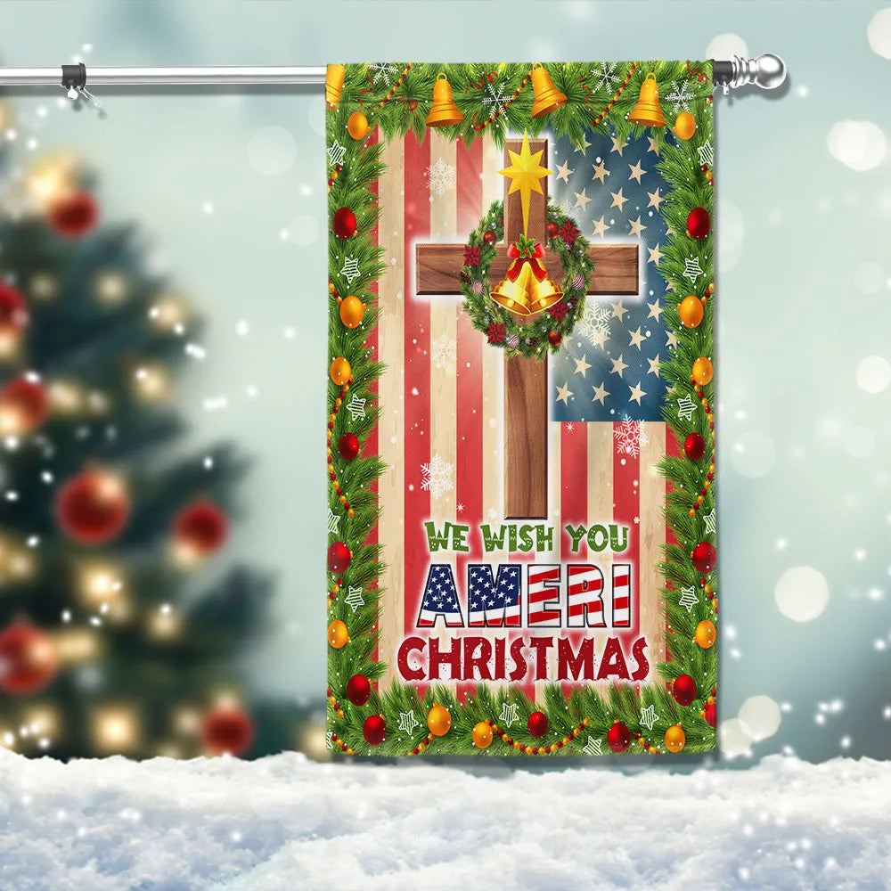 Double Sided Patriotic Lawn Flag, Christian Cross American Flag Garden Flag We Wish You Ameri Christmas Yard Flag, Holiday Ya