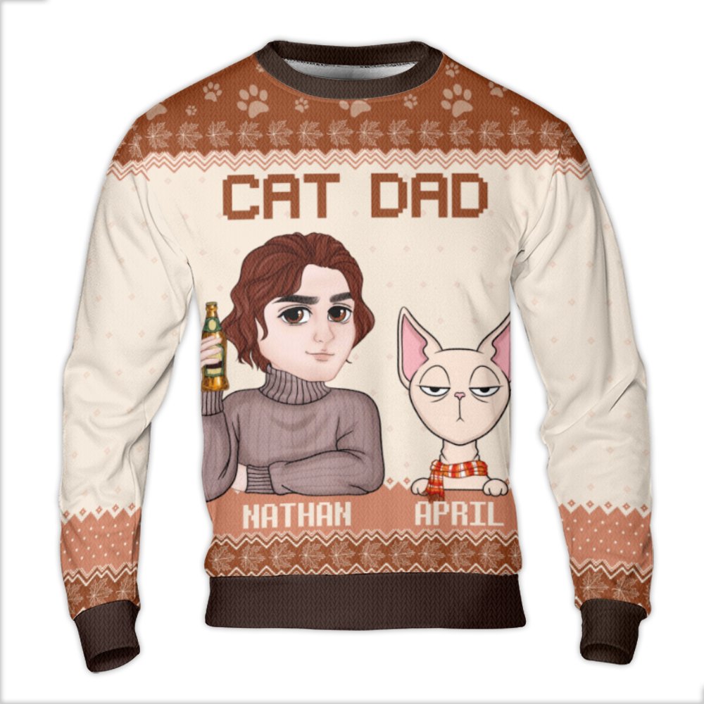 Custom Cartoon Face Christmas Sweater, Personalized Cat Dad Ugly Christmas Sweater, Humorous Pet Holiday Sweater, Cat Lover C