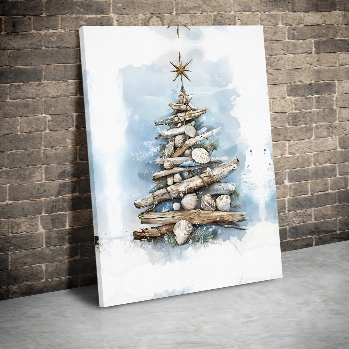 Driftwood Seashell Canvas Print, Coastal Christmas Tree Canvas Wall Art, Beachy Holiday Wall Decor, Nautical Christmas Canvas