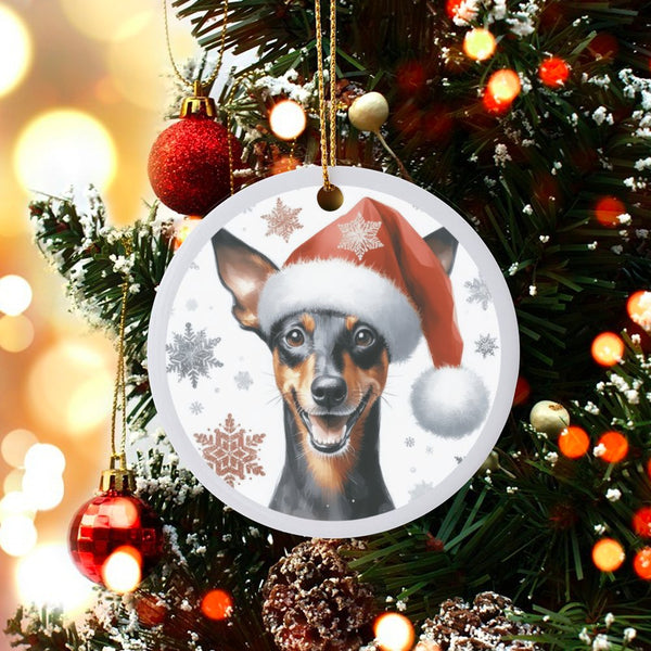 Min Pin Dog Christmas Ornament, Miniature Pinscher Santa Hat Ceramic Ornament, Adorable Puppy Holiday Tree Ornament, Dog Love