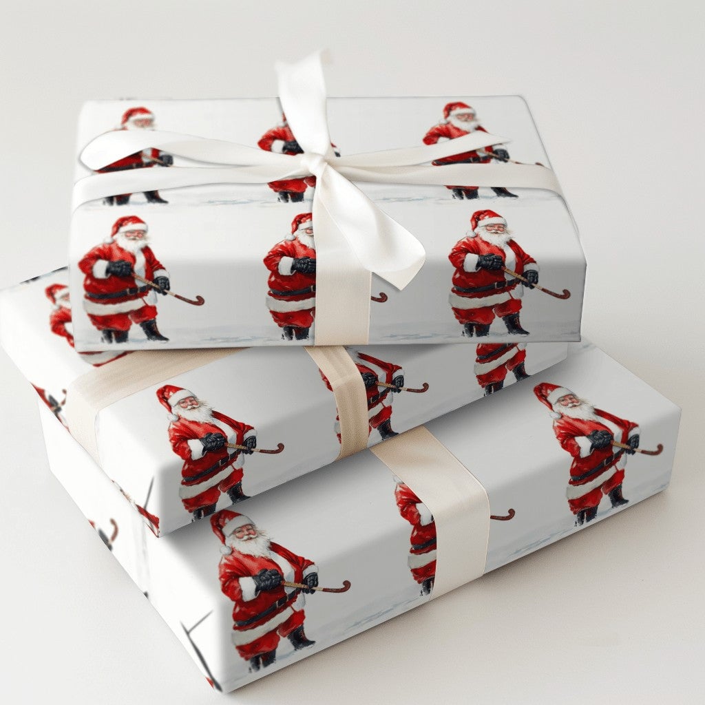 Sports Christmas Gift Wrap, Hockey Santa Wrapping Paper, Humorous Santa Claus Wrapping Paper, Ice Hockey Fan Holiday Gift Wra