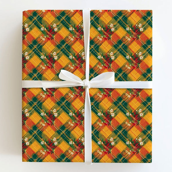 Tartan Plaid Holiday Gift Wrap, Floral Plaid Christmas Wrapping Paper, Rustic Green and Red Wrapping Paper, Winter Floral Gif