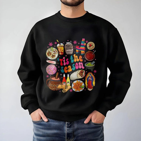 Tis the Season Food Graphic Sweatshirt, Mexican Christmas Sweatshirt, Hispanic Holiday Crewneck, Festive Mexican Xmas Pullove