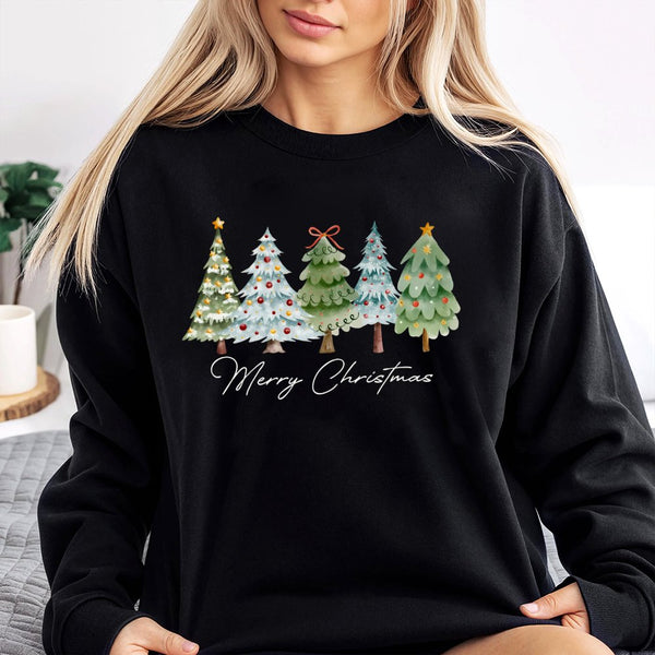Merry Christmas Sweatshirt, Watercolor Christmas Tree Sweatshirt, Adorable Holiday Tree Crewneck Sweatshirt, Winter Graphic P