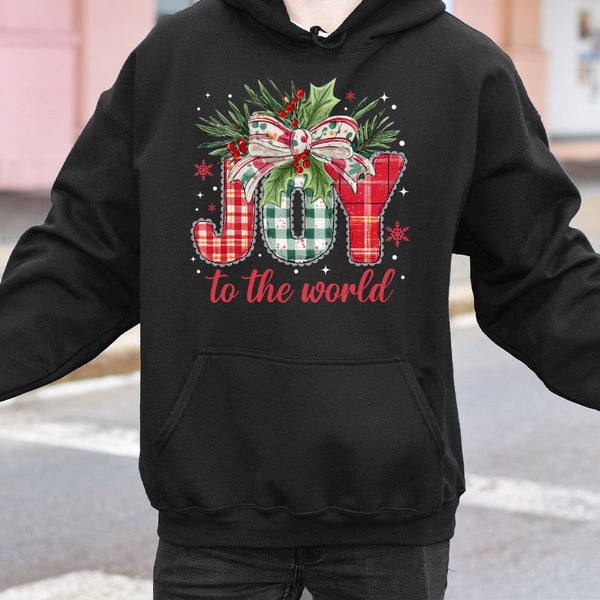 Buffalo Plaid Holiday Hooded Sweatshirt, Joy to the World Christmas Hoodie, Religious Xmas Pullover, Christian Typography Hoo
