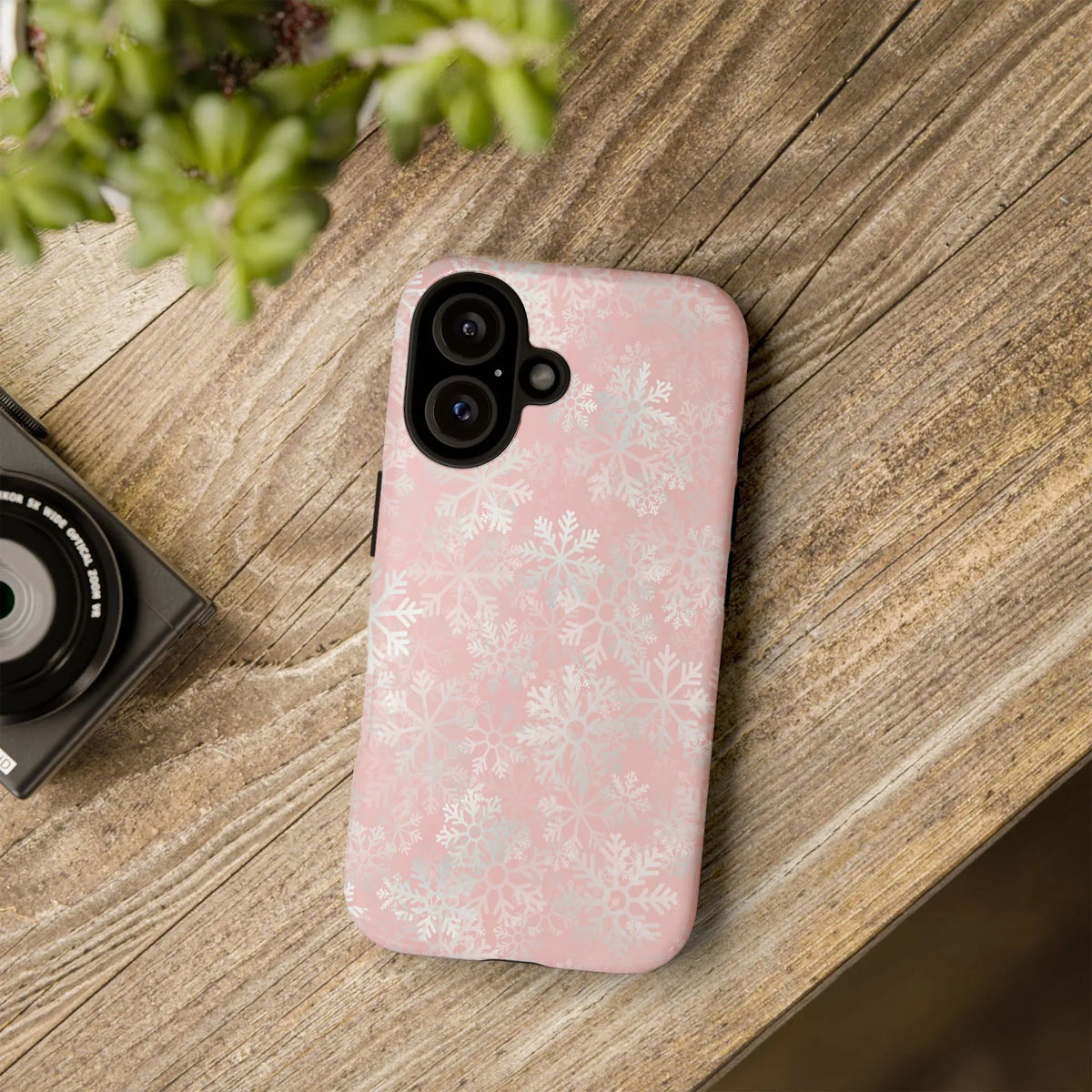 Winter Floral Pattern iPhone Cover, Pink Snowflake Phone Case, Dual Layer Polycarbonate Case, Festive Christmas Holiday Aesth