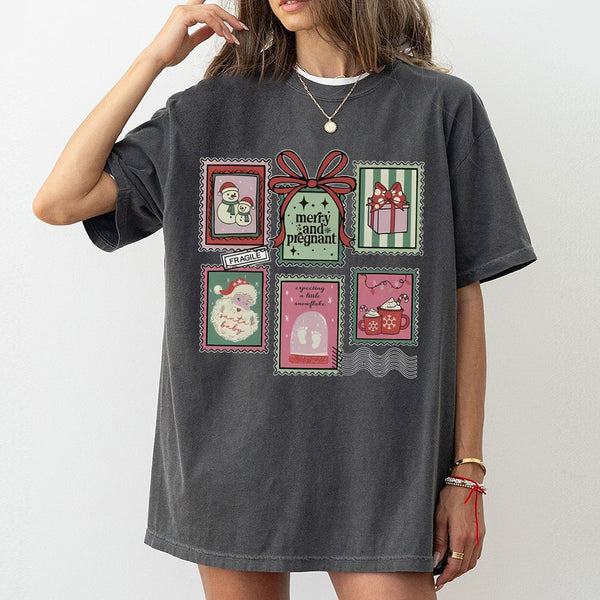 Vintage Holiday Stamp Graphic Tee, Merry and Pregnant Christmas T-Shirt, Adorable Pregnancy Reveal Shirt, Expecting Mom Xmas 