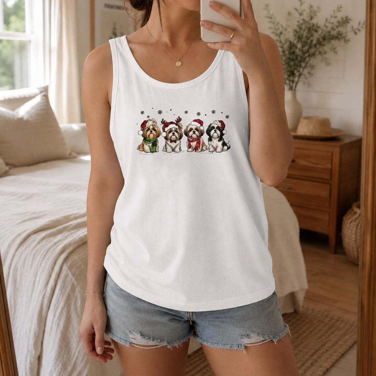 Santa Hat Shih Tzu Dog Tank, Christmas Shih Tzu Tank Top, Holiday Dog Lover Sleeveless Tee, Adorable Christmas Dog Tank, Fest