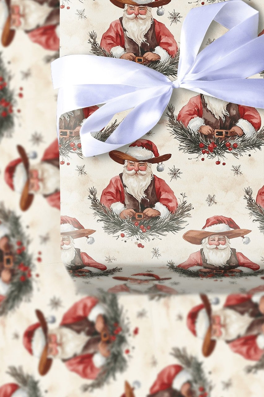 Watercolor Country Christmas Gift Wrap, Rustic Cowboy Santa Wrapping Paper, Western Santa Wreath Holiday Paper, Vintage Xmas 