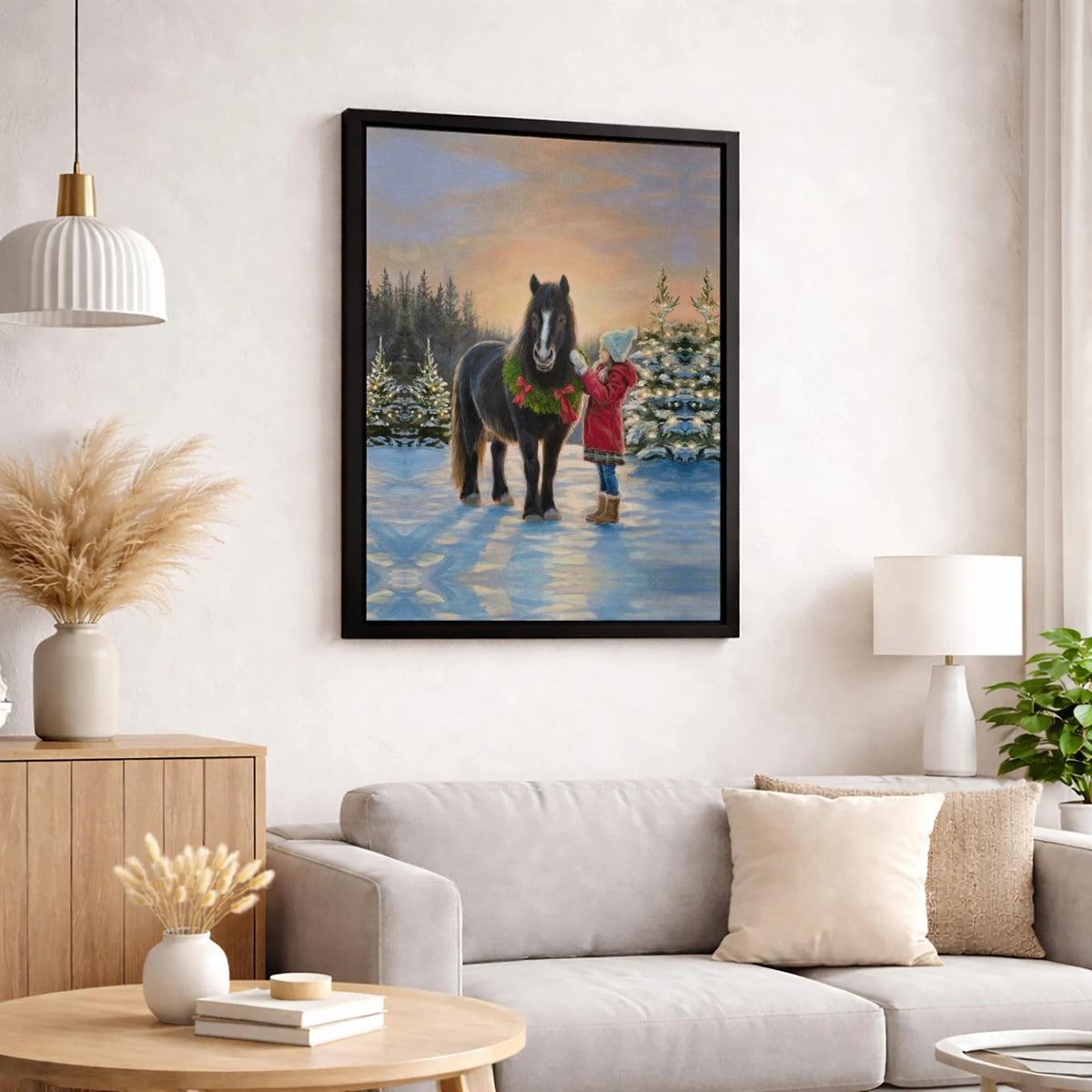 Girl and Pony Winter Snow Scene Painting Print, Christmas Horse Canvas Wall Art, Holiday Farmhouse Poster, Equestrian Digital