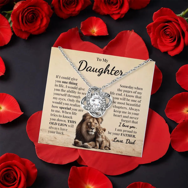 Lion Theme Love Knot Pendant, Daughter Love Knot Necklace, Cubic Zirconia Message Card Necklace, Birthday Christmas Present f