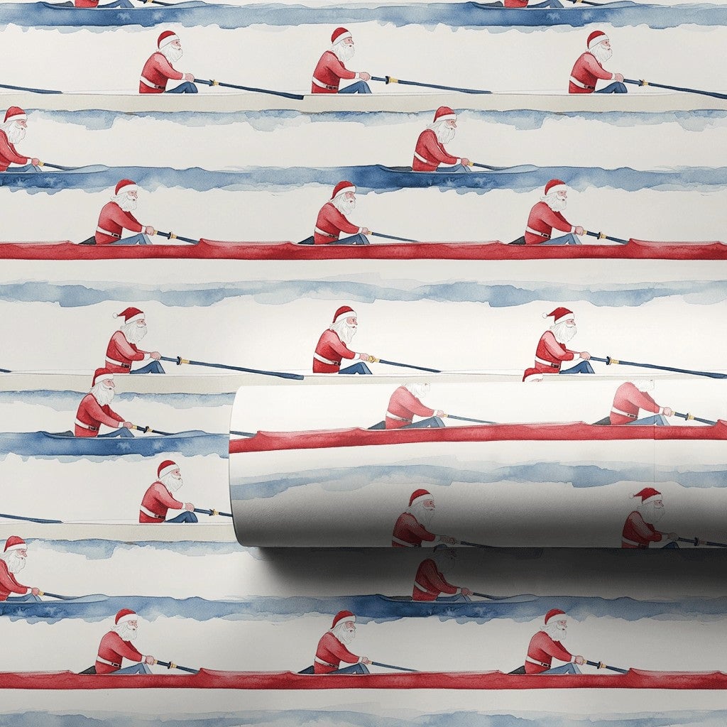 Crew Rower Scull Holiday Gift Wrap, Rowing Santa Wrapping Paper, Watercolor Sports Santa Paper, Christmas Regatta Wrapping Pa