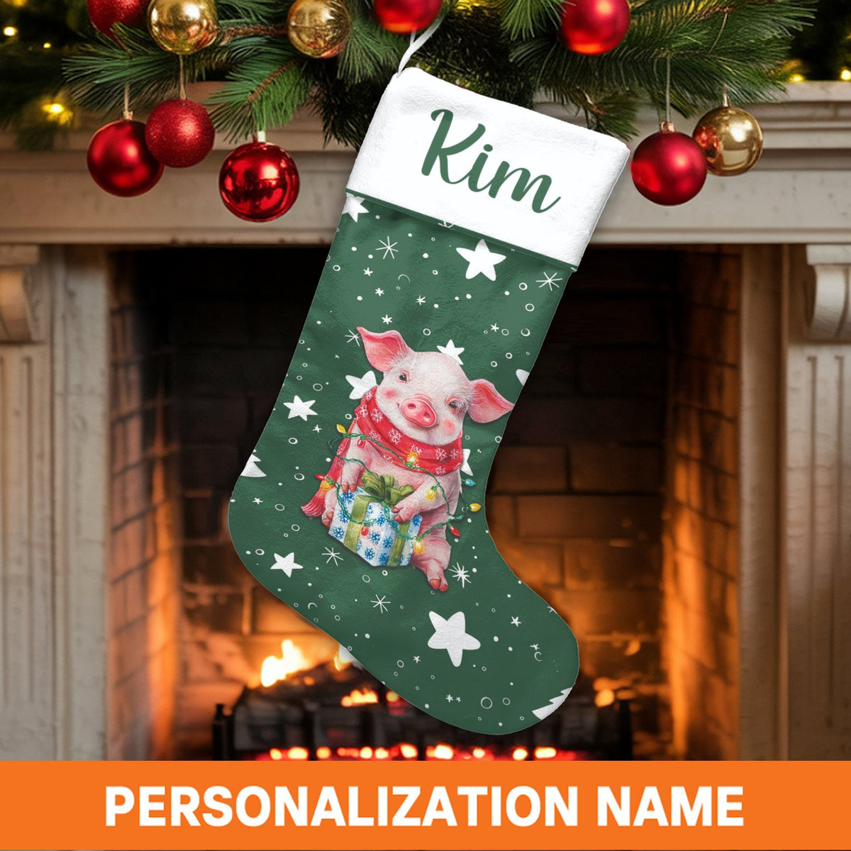 Adorable Holiday Lights Piggy Stocking, Personalized Pig Christmas Stocking, Festive Farm Animal Stocking, Custom Kids Christ