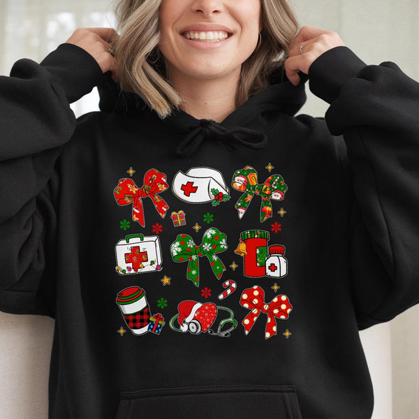 Stethoscope Xmas Sweatshirt, Coquette Bow Nurse Christmas Hoodie, Adorable RN Holiday Hooded Pullover, Healthcare Worker Pres