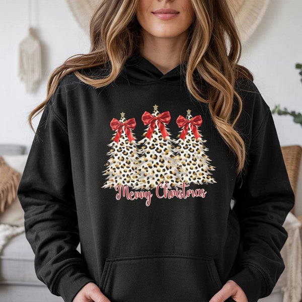 Merry Christmas Bow Hooded Sweatshirt, Leopard Print Christmas Tree Hoodie, Preppy Holiday Graphic Pullover, Winter Cheetah X