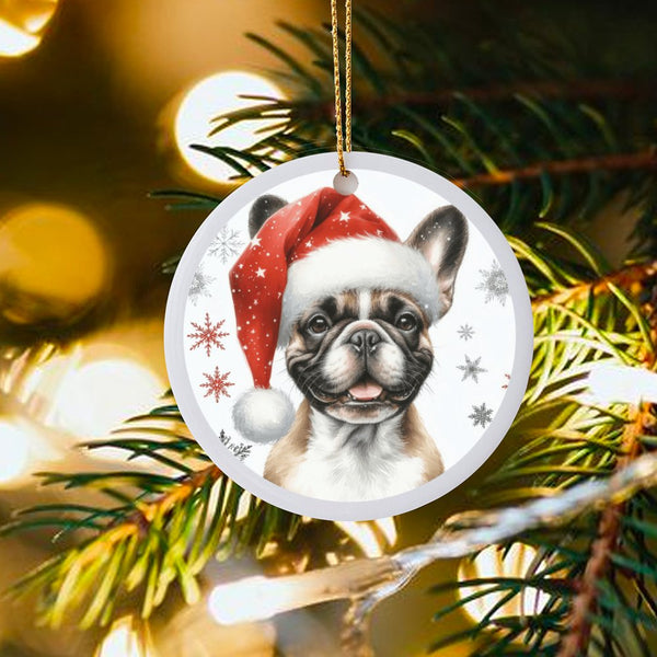 Santa Hat Frenchie Ornament, French Bulldog Christmas Ornament, Adorable Dog Holiday Tree Ornament, Ceramic Dog Lover Keepsak