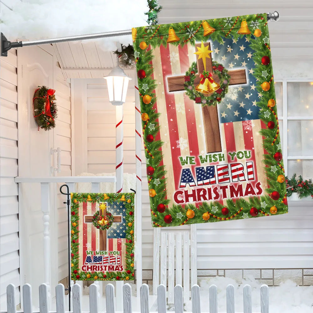 Double Sided Patriotic Lawn Flag, Christian Cross American Flag Garden Flag We Wish You Ameri Christmas Yard Flag, Holiday Ya