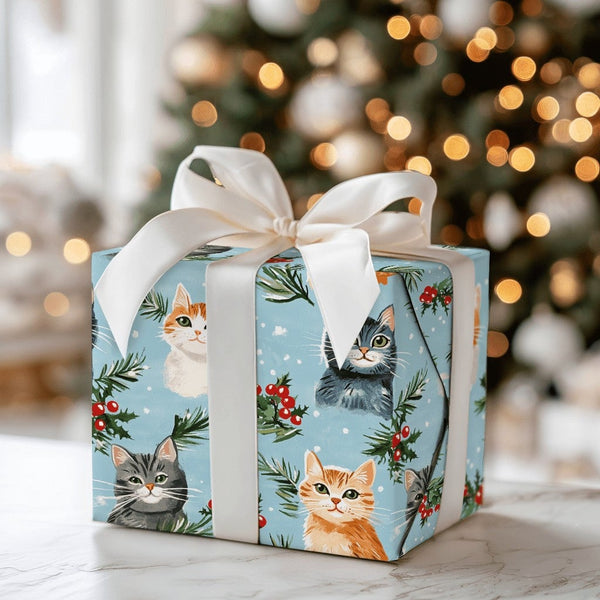 Adorable Kitten Holiday Gift Wrap, Christmas Cat Wrapping Paper, Festive Winter Cat Lover Wrapping Paper, Holly Pine Pet Love
