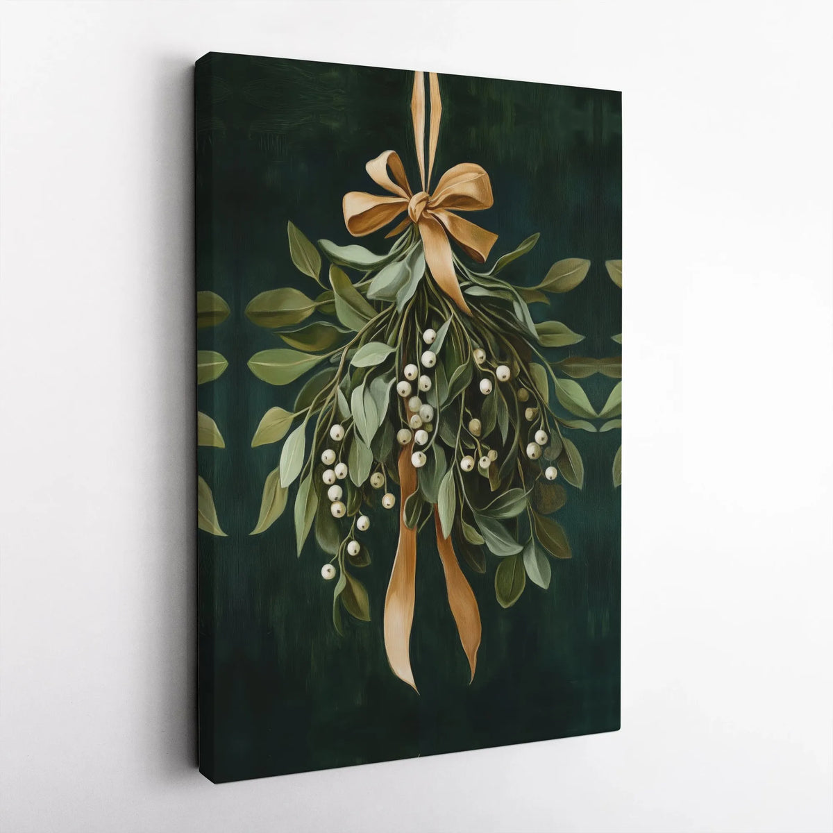 Botanical Christmas Canvas Print, Festive Mistletoe Canvas Wall Art, Holiday Greenery Wall Decor, Winter Gold Bow Canvas, Hol