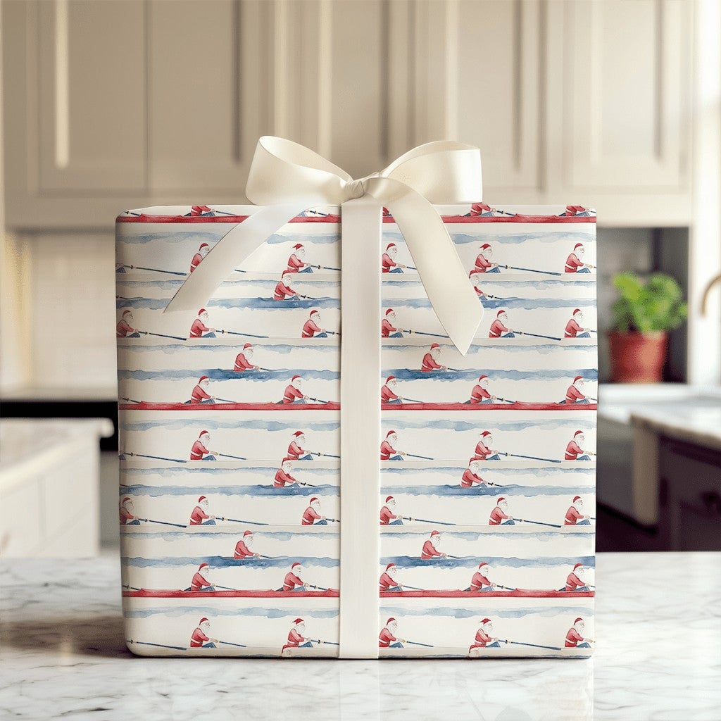Crew Rower Scull Holiday Gift Wrap, Rowing Santa Wrapping Paper, Watercolor Sports Santa Paper, Christmas Regatta Wrapping Pa