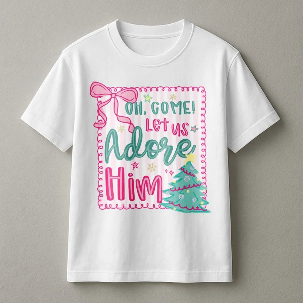 Pink Coquette Christmas Tree Tee, Oh Come Let Us Adore Him T-Shirt, Christian Holiday Graphic Shirt, Faith Aesthetic Scriptur