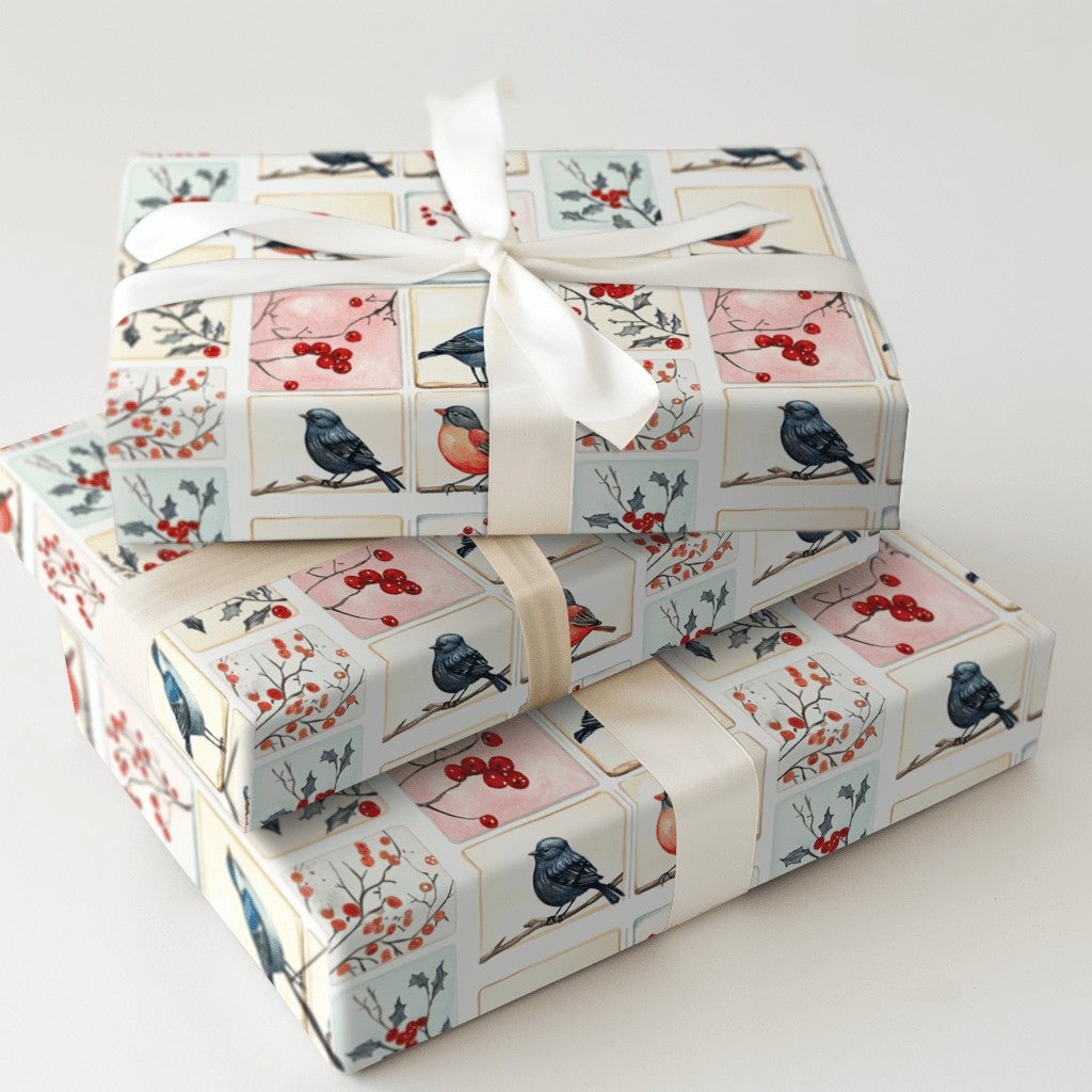 Watercolor Holiday Gift Wrap, Winter Bird Christmas Wrapping Paper, Festive Bird Tile Wrapping Paper, Nature Lover Xmas Wrapp