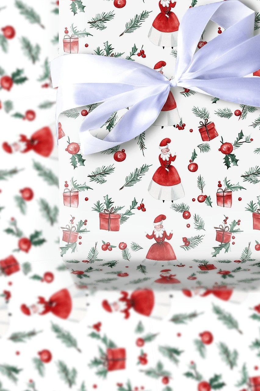 Vintage Christmas Gift Wrap, Mrs Claus Wrapping Paper, Watercolor Holiday Wrapping Paper, Retro Mrs Claus Gift Wrap, Xmas Pre