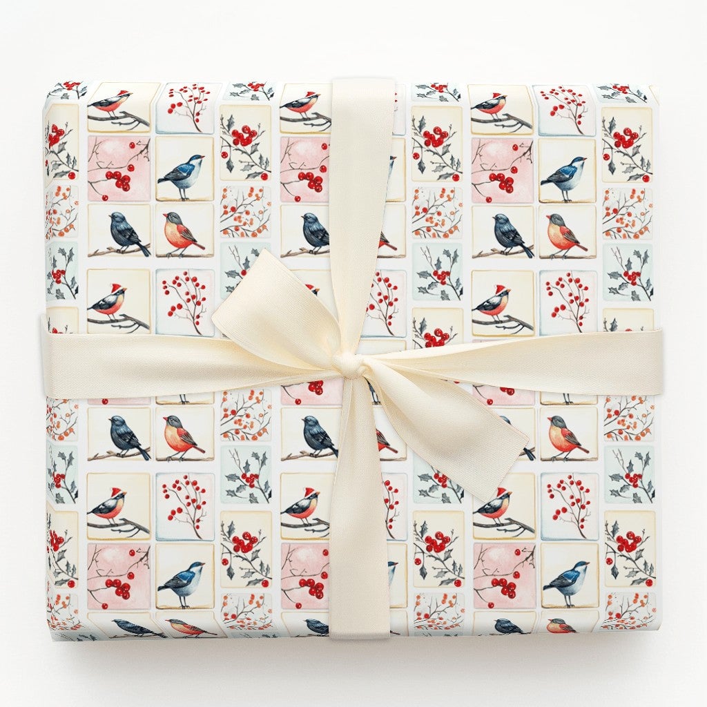 Watercolor Holiday Gift Wrap, Winter Bird Christmas Wrapping Paper, Festive Bird Tile Wrapping Paper, Nature Lover Xmas Wrapp