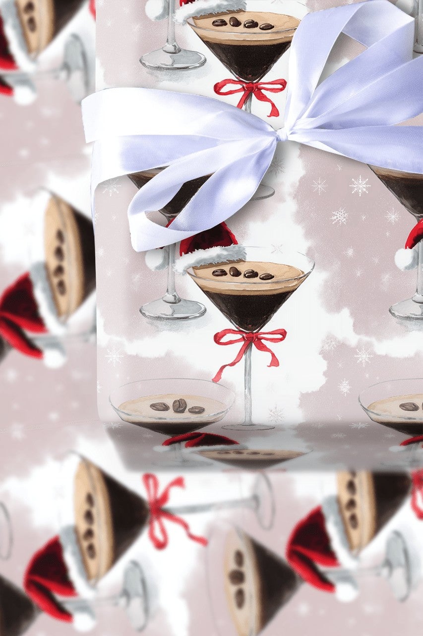 Santa Hat Cocktail Gift Wrap, Espresso Martini Christmas Wrapping Paper, Purple Holiday Drinks Wrapping Paper, Festive Party 