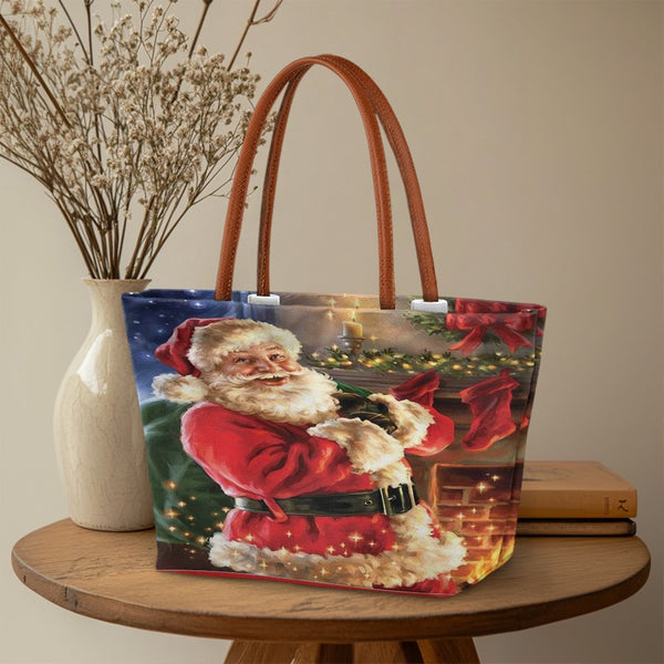 Festive Holiday Fireplace Tote Bag, Santa Claus Christmas Tote Bag, Comfy Winter Season Shoulder Bag, Xmas Handbag, Holiday P