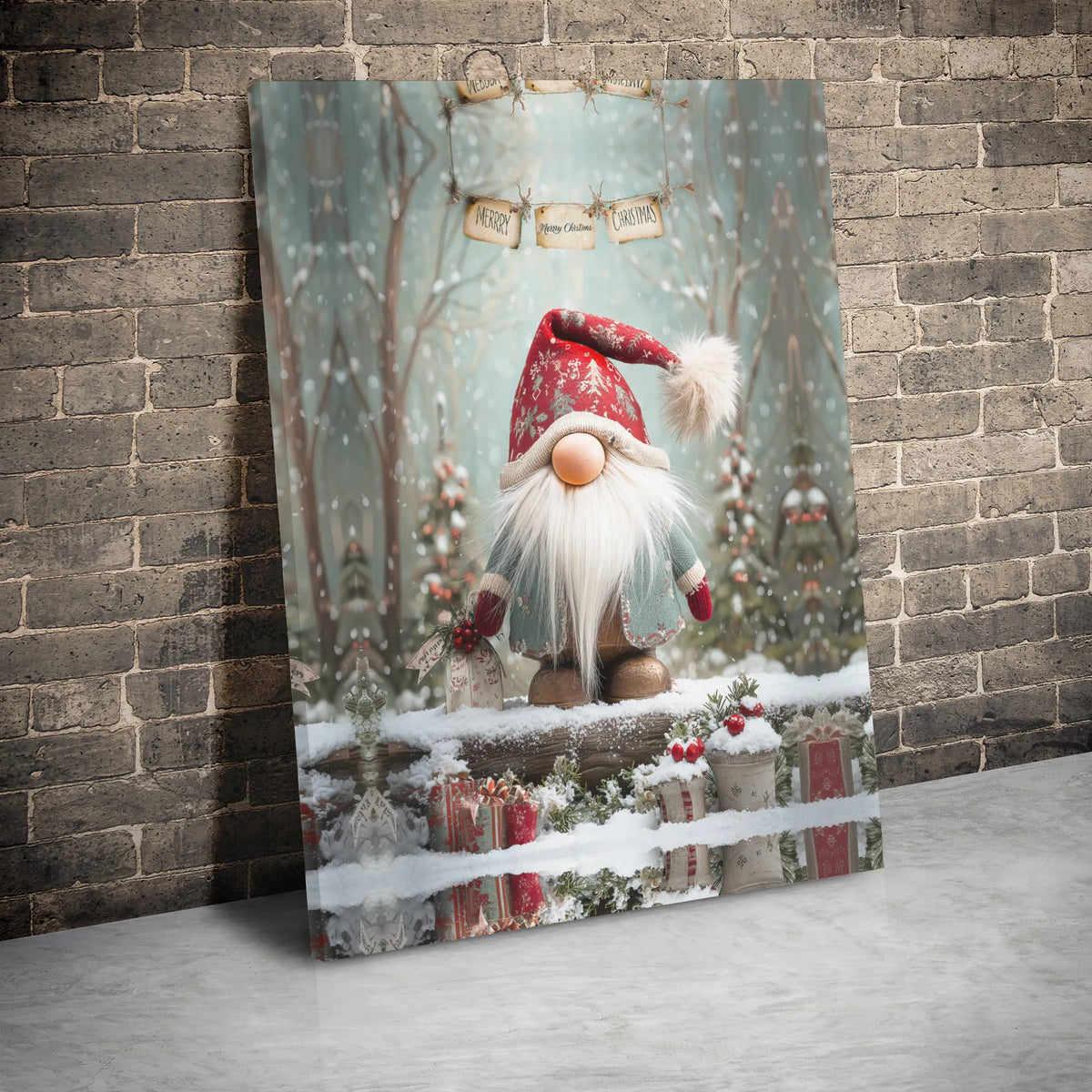 Snowy Winter Forest Canvas Print, Christmas Gnome Canvas Wall Art, Adorable Holiday Gnome Canvas Decor, Festive Xmas Wall Art
