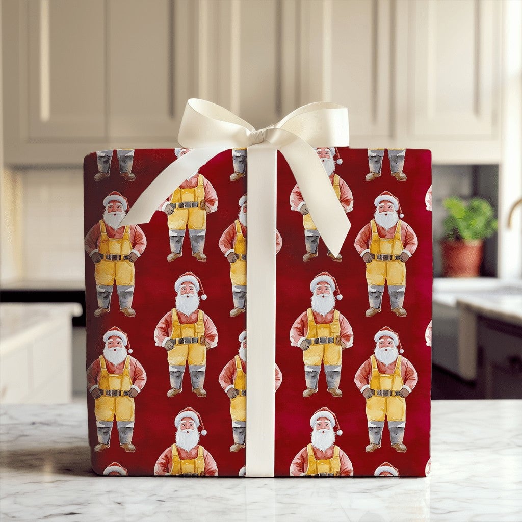 Whimsical Santa Claus Gift Wrap, Yellow Overalls Santa Wrapping Paper, Red Background Christmas Wrapping Paper, Holiday Prese