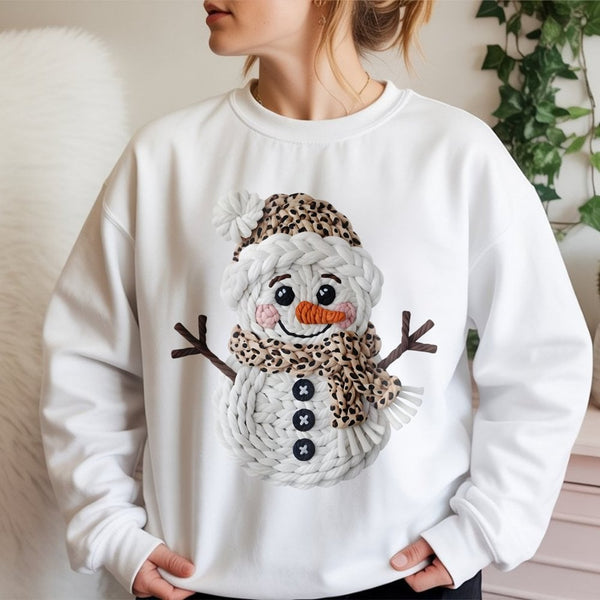 Faux Knit Winter Sweater, Leopard Print Snowman Sweatshirt, Adorable Christmas Holiday Crewneck, Retro Xmas Sweatshirt, Holid