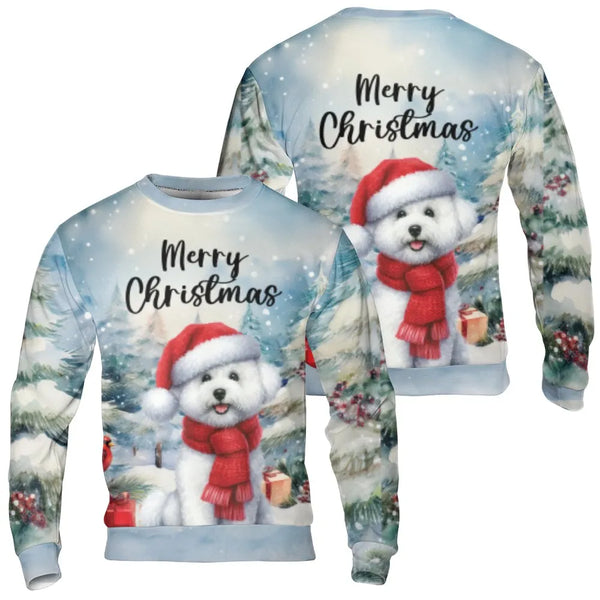Adorable Dog Santa Hat Sweater, Bichon Frise Christmas Sweatshirt, Puppy Winter Graphic Crewneck, Pet Lover Holiday Pullover,