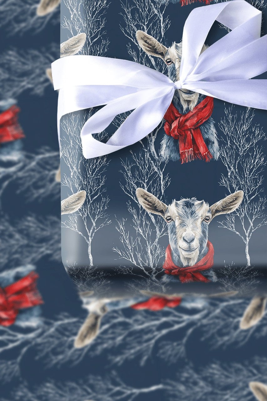 Navy Blue Red Scarf Holiday Gift Wrap, Winter Goat Christmas Wrapping Paper, Farm Animal Christmas Wrapping Paper, Festive Wi