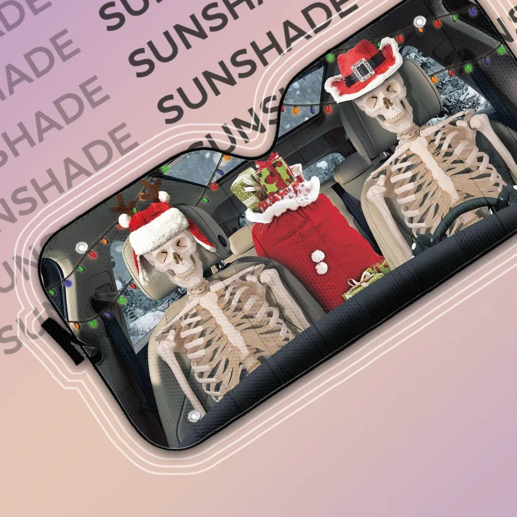 Holiday Windshield Sun Shade, Christmas Skeleton Couple Car Sunshade, Winter Gothic Auto Sunshade, Festive Sun Shade, Car Lov