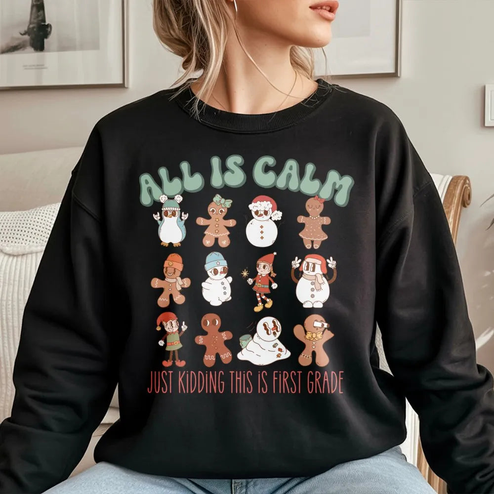 Retro Gingerbread Christmas Sweatshirt, First Grade Teacher Sweatshirt, School Staff Holiday Crewneck, 1st Grade Teacher Holi