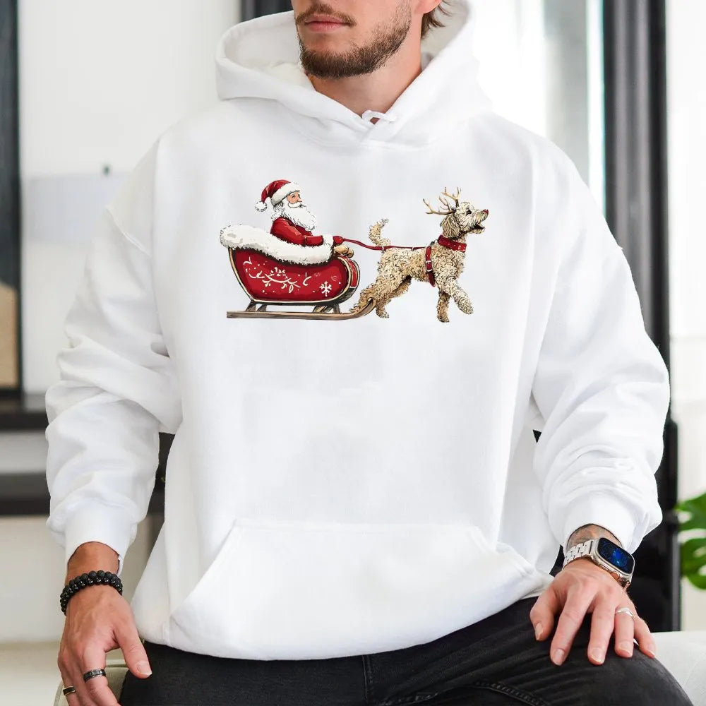 Doodle Santa Sleigh Graphic Sweatshirt, Goldendoodle Christmas Hoodie, Adorable Dog Mom Holiday Pullover, Winter Dog Lover Ho