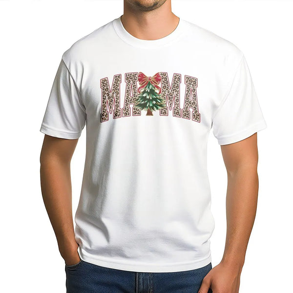 Adorable Holiday Season Graphic Tee, Mama Christmas Tree Leopard Print T-Shirt, Buffalo Plaid Mom Shirt, Festive Xmas Family 