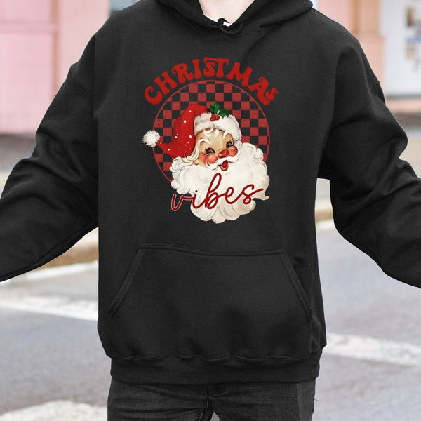 Buffalo Plaid Holiday Sweatshirt, Retro Santa Christmas Vibes Hoodie, Winter Graphic Hooded Pullover, Festive Santa Xmas Hood