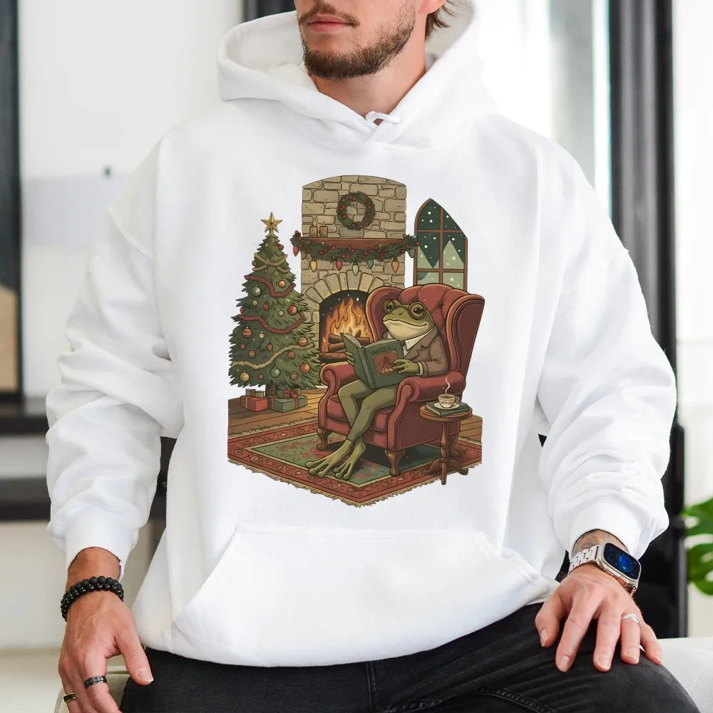 Comfy Christmas Bookish Frog Hoodie, Reading Frog Hoodie, Book Lover Holiday Hoodie, Adorable Cottagecore Reader Pullover Swe
