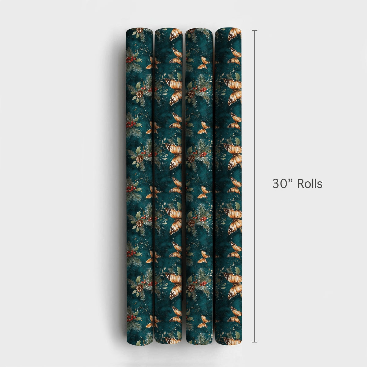 Orange Monarch Botanical Holiday Gift Wrap, Butterfly Holly Christmas Wrapping Paper, Teal Winter Foliage Wrapping Paper, Nat