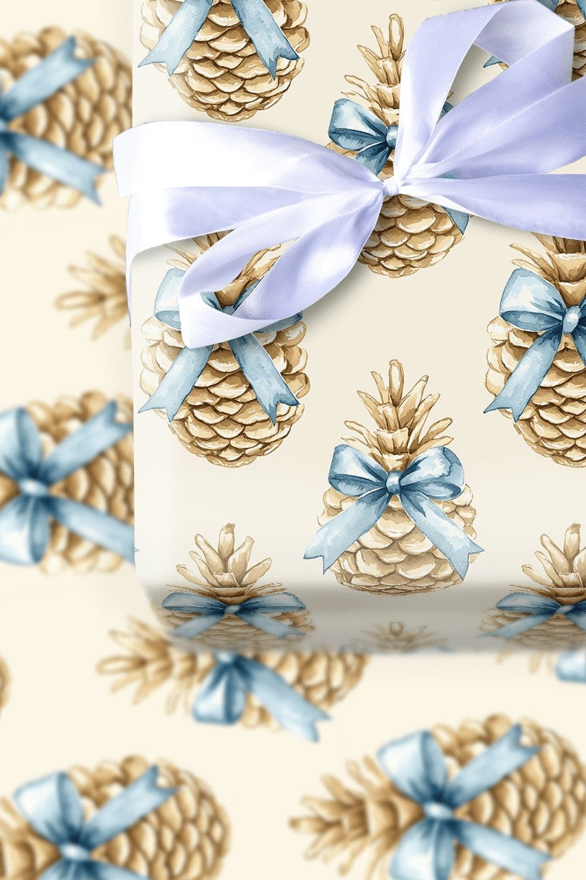 Blue Bow Winter Gift Wrap, Rustic Pinecone Christmas Wrapping Paper, Watercolor Pinecone Wrapping Paper, Elegant Holiday Gift