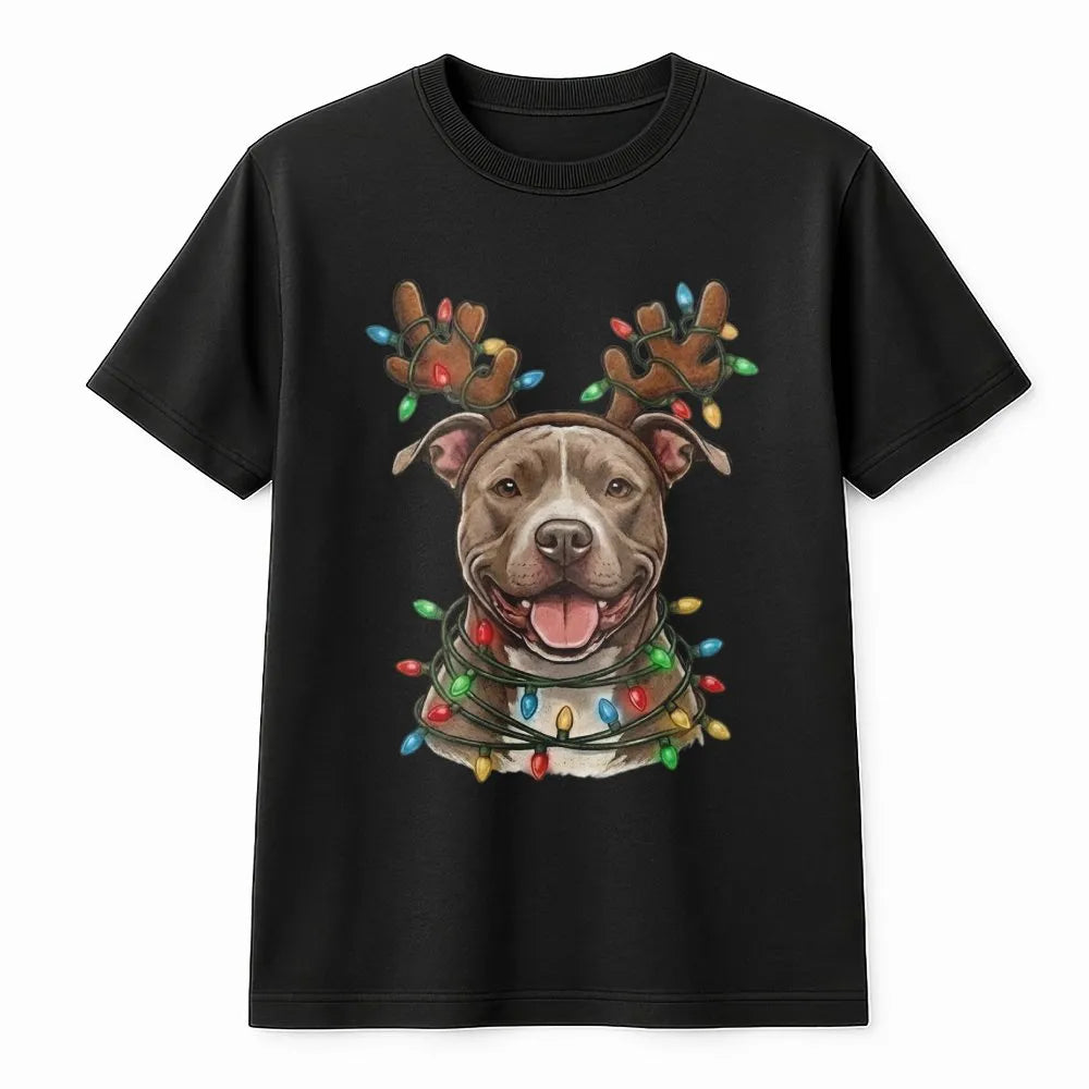 Reindeer Antlers Holiday Lights Shirt, Pitbull Christmas T-Shirt, Adorable Xmas Dog Graphic Tee, Festive Pup Apparel, Present