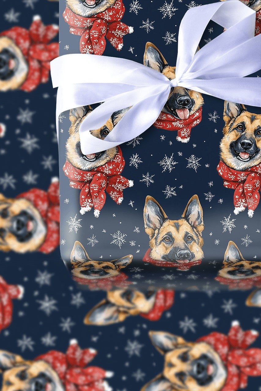 Winter Dog Gift Wrap, German Shepherd Christmas Wrapping Paper, Red Scarf Snowflake Wrapping Paper, Holiday Dog Lover Gift Wr