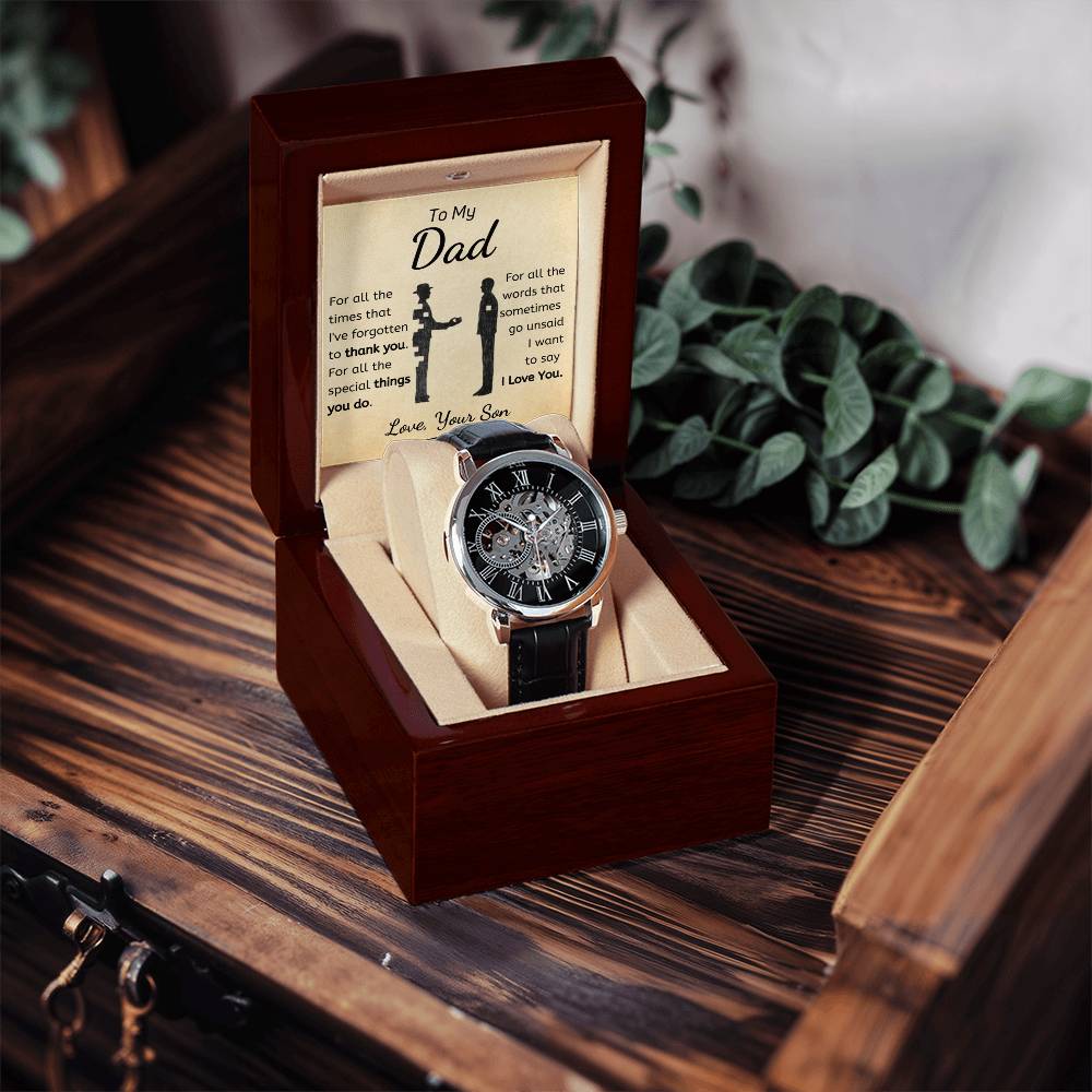 Openwork Mechanical Timepiece, Dad Automatic Skeleton Watch, Genuine Leather Band Dad Watch, LED Mahogany Box Christmas Prese