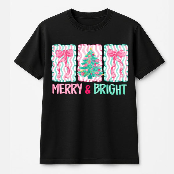 Merry and Bright Holiday T-Shirt, Pastel Christmas Tree Bows Shirt, Adorable Coquette Christmas Graphic Tee, Festive Holiday 