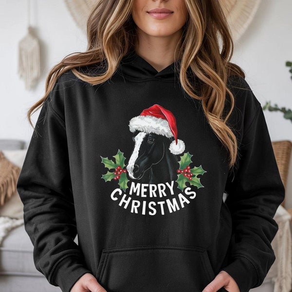 Santa Hat Equestrian Hooded Sweatshirt, Horse Merry Christmas Hoodie, Festive Horse Lover Pullover Hoodie, Adorable Winter Ho